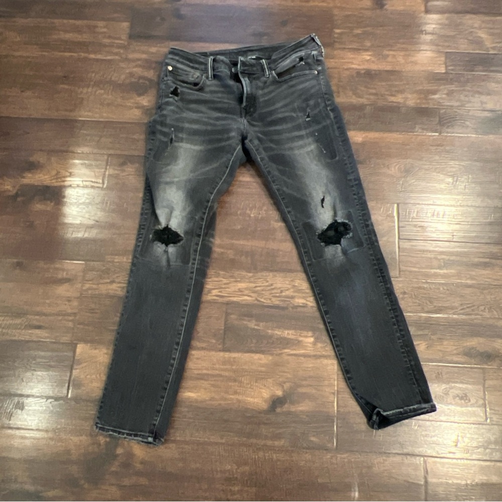 American Eagle Next Level Airflex Jeans Mens Size 32x32 Black Skinny Ripped Torn